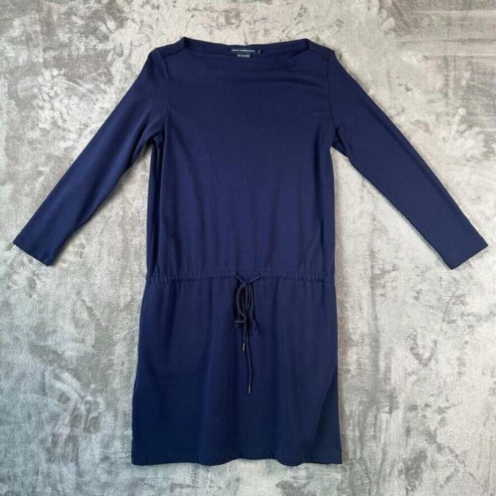 Ralph Lauren Sport Dress Small Blue Long Sleeve Drawstring Tie Waist